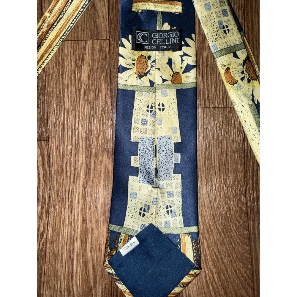 Giorgio Cellini Mens Silk Tie Navy Blue Gold Sunflower Geometric Made in Italy
